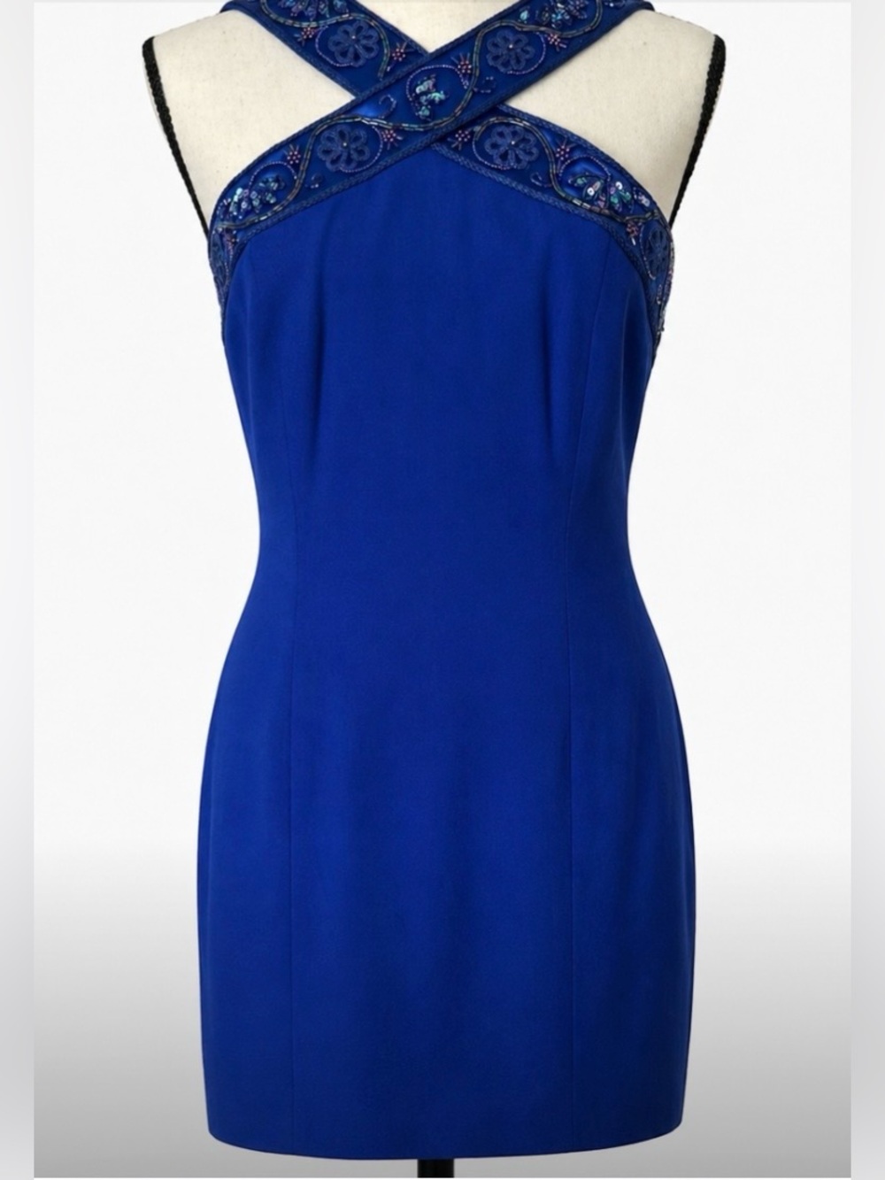 Rimini Vintage Blue Beaded Cross Neck Sheath Dress Size 6 Embroidered Elegant